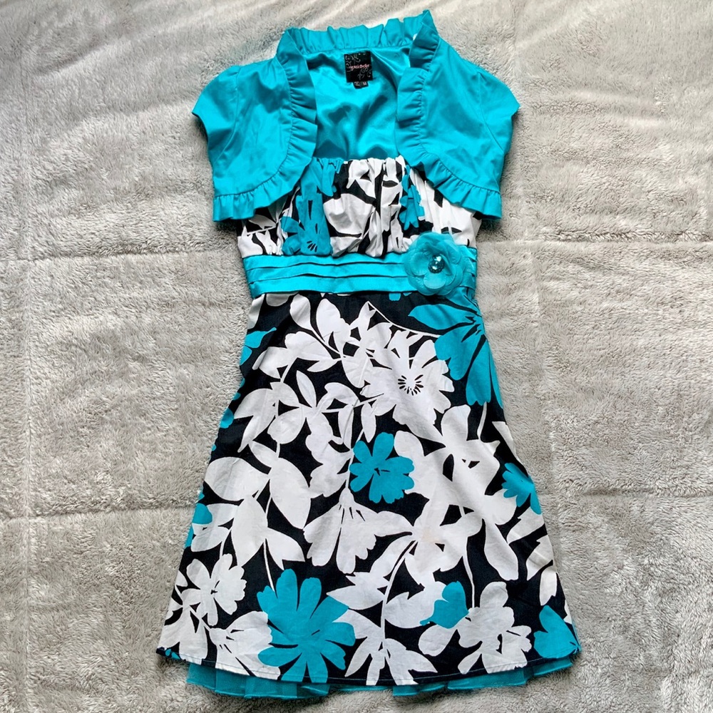 Metallic Blue Floral Dress Set
